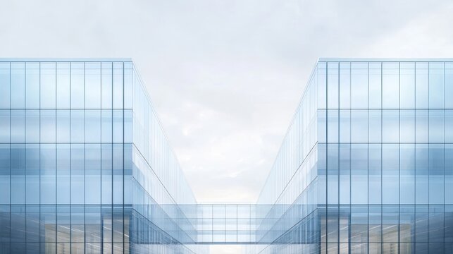 Modern glass office buildings with pedestrian bridge, clear sky