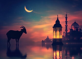 Eid al-Adha Goat silhouette, mosque, lantern at sunset
