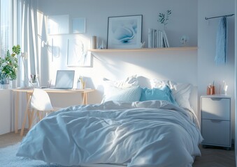 Bright bedroom with bed, desk, and sunlight.