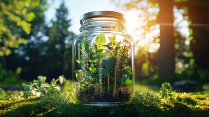 Natural vitality fresh herb blends in a jar tranquil forest setting eco-friendly lifestyle warm sunlight viewpoint