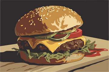 76 Gourmet cheeseburger, sesame seed bun, juicy beef patty, melted cheese, fresh lettuce, ripe tomato slices, dark background, dramatic lighting, high-contrast, commercial food photography, ultra-deta