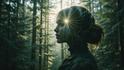 Woman Silhouette Double Exposure Forest Nature Sunlight Mystical