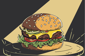 76 Gourmet cheeseburger, sesame seed bun, juicy beef patty, melted cheese, fresh lettuce, ripe tomato slices, dark background, dramatic lighting, high-contrast, commercial food photography, ultra-deta