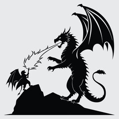 A dragon breathing fire at a griffin image silhouette design vector art and illustration