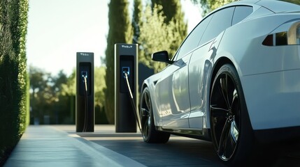 Electric car charging at home, driveway, luxury lifestyle