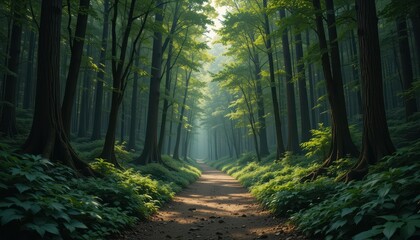 Obraz premium Serene Forest Path Sunlight Through Lush Green Trees
