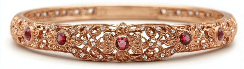 Elegant gold bracelet with intricate floral filigree design, adorned with red gemstones and sparkling accents