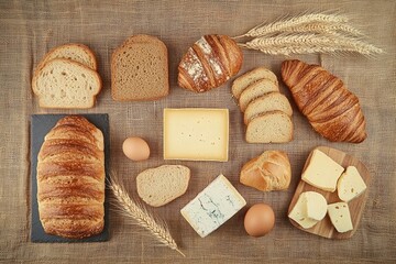 Assorted bread and cheese selection on rustic wooden table
