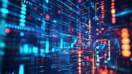 Obraz premium Big data technology and data science illustration. Data flow concept. Querying, analysing, visualizing complex information. Neural network for artificial intelligence. Data mining. Business analytics.