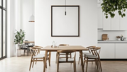 Modern white dining area with empty frame, kitchen in background