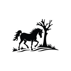 Horse with Tree – Vector Illustration, Nature Scene, Animal & Landscape Design