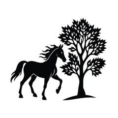 Horse with Tree – Vector Illustration, Nature Scene, Animal & Landscape Design
