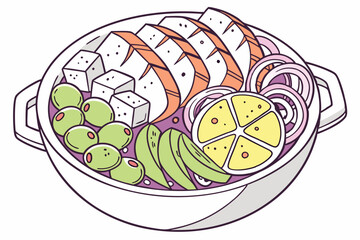 77 Vibrant bowl of Mediterranean cuisine, top-down view, colorful ingredients, feta cheese cubes, sliced grilled chicken, pink pickled onions, green olives, lemon slice, white ceramic dish, balanced c