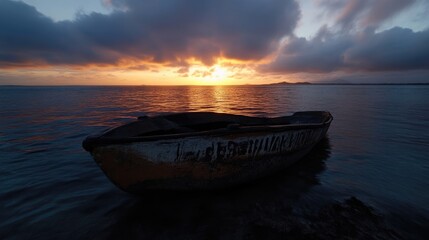 Sunrise over a tranquil cove with an old wooden boat