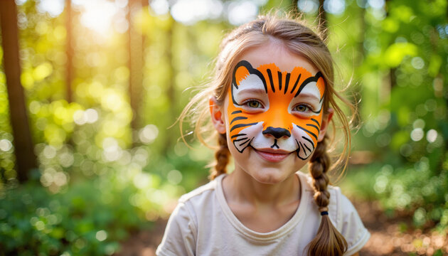 Happy child with tiger face paint in forest, celebrating creativity