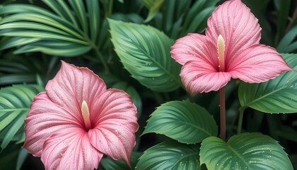  Elegant Pink Caladium and Green Palm Leaf: A Stunning Watercolor Botanical Artwork