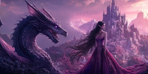 Elf princess, dragon, castle, fantasy landscape, game art