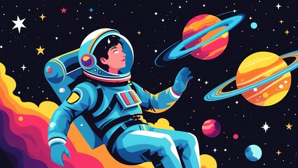 Astronaut's Journey Through Vivid Cosmos: A vibrant illustration of an astronaut floating amidst colorful planets and stars, showcasing the wonder and adventure of space exploration.