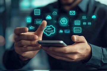 Modern cloud computing concept.  A person interacts with a smartphone, surrounded by digital cloud and data icons