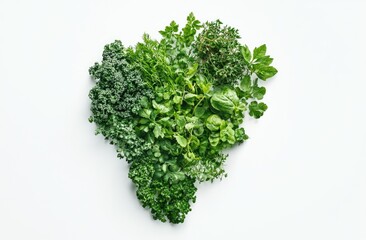 Heart-shaped arrangement of fresh herbs on white background