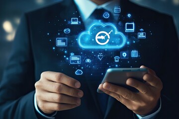 Cloud computing technology displayed on a mobile device.  Businessman using a smartphone to access cloud-based applications