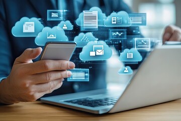 Cloud computing integration via mobile and laptop.  Hands using smart devices with overlayed cloud data icons