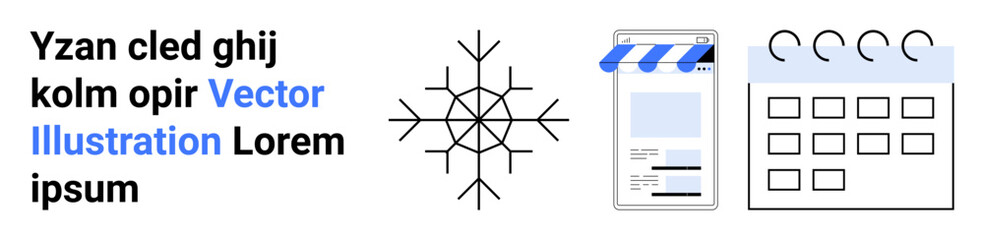 Snowflake graphic, storefront paperwork with awning, simple text box, calendar grid Ideal for business, advertising, branding, organization, winter themes, marketing storefront designs simple