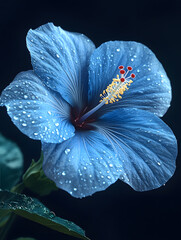 Close-up of the glistening water droplets on the blue hibiscus flower