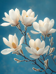Magnolias in bloom against a blue background