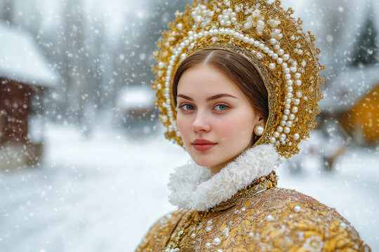portrait of a beautiful Russian woman wearing a traditional Sarafan dress