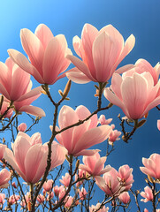 Pink magnolia flowers set against the blue sky