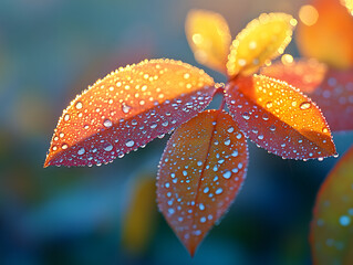 Colorful leaves with dewdrops in the morning light