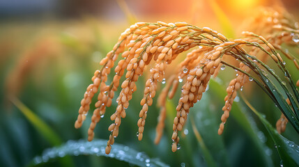 Plump and ripe rice ears in the morning dew