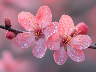 Macrophotography of pink peach blossoms with dew