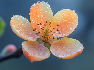 Macro close-up: Orange-pink flowers with dewdrops