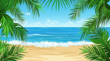 Fototapeta premium Tranquil Beach Scene Viewed Through Lush Palm Fronds