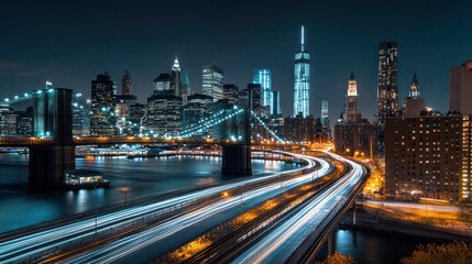Fototapeta premium New York City Skyline at Night with Illuminated Bridge and Expressway