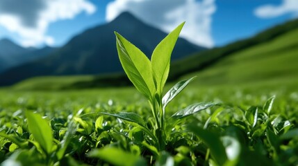 Obraz premium Lush green tea plant sprouts amidst a vibrant tea plantation. Sunlight highlights fresh, young leaves against a backdrop of rolling hills and mountains
