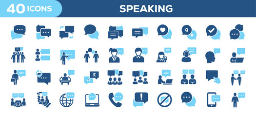 Speaking icons collection. Related talking, discussion, speech bubble, chat. Solid colors style icons. Vector illustration isolated on white background.