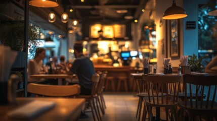 Cafe interior at night, blurred diners, warm lighting