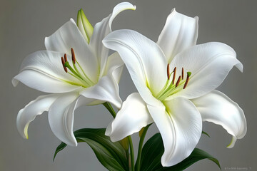 Fototapeta premium Two pristine white lilies, elegantly posed against a neutral gray backdrop, showcasing their delicate petals and vibrant stamens. A symbol of purity and grace.