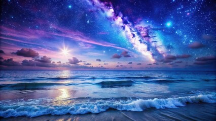 Obraz premium A serene ocean scene with a vibrant night sky, featuring twinkling stars in shades of blue and purple, against a backdrop of gentle waves , purple, starry night