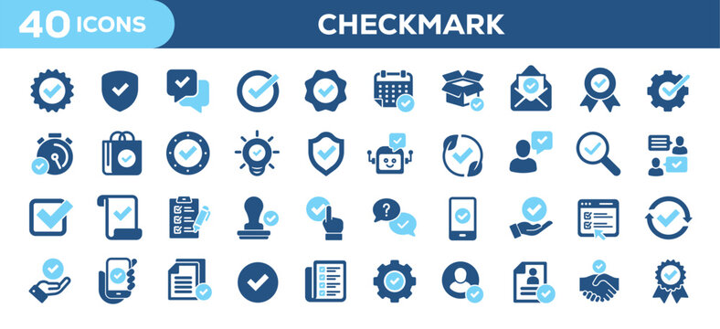 Checkmark icons collection. Related approvals, agreement, checklist, verification. Solid colors style icons. Vector illustration isolated on white background.