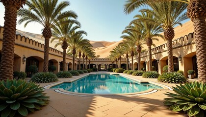 Fototapeta premium Elegant resort courtyard with palm trees and sparkling pool in desert setting