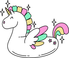 Hand drawn retro  summer unicorn rubber ring cartoon groovy doodle 
