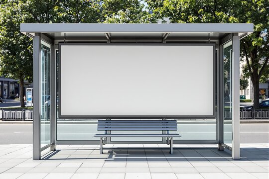 Empty billboard at modern bus stop with bench, placed in city environment with trees and buildings in background, ideal for advertising presentation. Ai generative