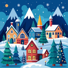 Vector illustration of Christmas houses and trees, snow all around, European, Scandinavian houses