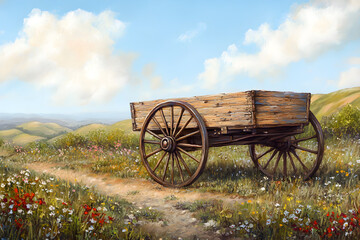 Fototapeta premium Vintage Wooden Wagon in Idyllic Countryside Setting, Evoking Nostalgia and Rural Charm in a Serene Landscape