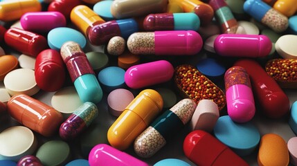 Colorful tablets and capsules are densely spread, with red, pink, blue, yellow and other colors interwoven, presenting a rich visual scene of pharmaceutical products
