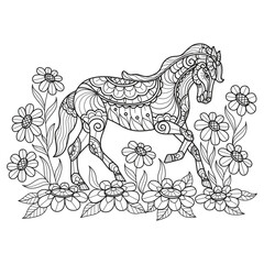Horse in the garden hand drawn for adult coloring book
